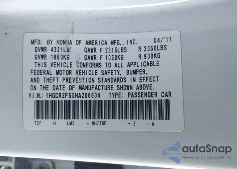 2017 Honda Accord Sport из США, поврежденный, VIN 1HGCR2F55HA206634